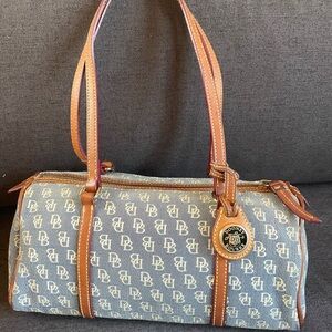 Dooney & Bourke Monogram Cloth Barrel Blue and Tan Shoulder Bag Y2K